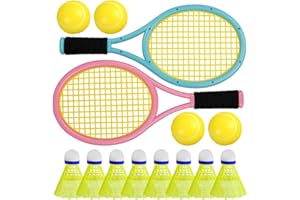 Lotvic Kids Tennis Rackets Set Includes 2 Rackets, 4 Tennis Balls, 8 Badmintons and Storage Bag, Lightweight Kids Badminton Set for Children Indoor Outdoor Sport Game (Blue & Pink)