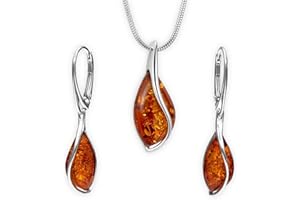 Schmuck Set Damen Silber 925 Bernstein Kette Ohrringe Geschenkset Tasche Karte Geschenkbox Geschenke für Frauen Valentinstag Jahrestag Geburtstag Muttertags Geschenk für Sie Freundin Ehefrau Mädchen