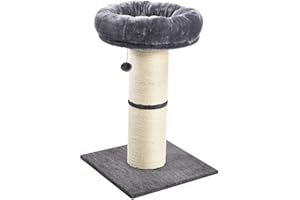 AllPetSolutions Cat Scratching Post - Thick Indoor Cat Scratch Post Tower With Hanging Ball Toy & Bed - Pet Furniture with Soft Bedding & Natural Sisal Rope - Jumbo Scratching Post, Grey 49x49x74cm
