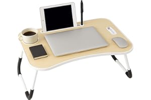 iTrend Laptop Bed Table, Laptop Desk with Foldable Legs & Cup Slot, Portable Tablet Notebook Stand Breakfast Bed Tray with Curved Design Charging Slot & Handle for Sofa, Bed, Terrace, Balcony, Maple