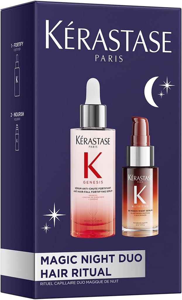 Kérastase Magic Night Duo Set, Genesis Anti-Caída y Magic Night Sérums, Tratamiento Reparador, Cabello Nutrido y Suave, Fortalecedor Diario, Ligero y No Graso, Para Cabello Frágil y Seco, 90 + 30 ml