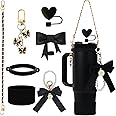 Decorative Accessories for Stanley Cup 7Pcs Include Bow Series Dustproof Straw Cover Charms and Same Color Silicone Base Handle Strap Apply to Stanley Cup 30/40oz (Black)