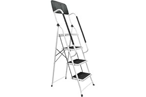 DAWNYIELD Escabeau Pliant en Acier à 4 Marches Antidérapant avec Main Courante de Sécurité Marchepieds Robustes pour Adultes Maison, Cuisine Extérieur - 4 Marches