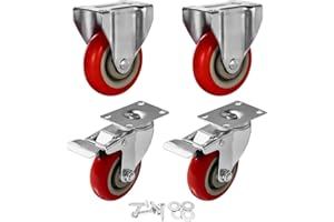 FactorDuty 4 PCS 100mm up to 540KG, Heavy Duty Red PU Castor Wheels, 2 Rigid Fixed + 2 Swivel With Brake for DIY, Furniture Trolley Wheels with Double Ball Bearings, Caster Wheel with Screws