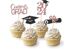 MOITKPTT 24 Stück Glitzer 2024 Graduation Cupcake Toppers, Abschlussfeier Cupcake toppers, Bachelor Hut Deko, Abschluss Deko für Graduation Abschlussparty Dekoration (schwarz & rosegold)