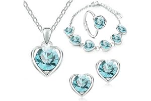 TOFBS 4 Stück Herz Kristall Schmuck Set Anhänger Halskette Armband Ohrringe und Ringe Set für Frauen Mädchen Brautschmuck Set Schmuckset