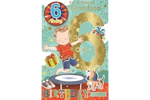 CARDS GALORE ONLINE Grandson 6th Birthday Card & Badge - 6 Today Boy on Trampoline Gold Foil 9" x 6"