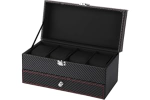 TMISHION 4 + 10 caja de reloj, caja de almacenamiento para los relojes de viaje, organizador de joyas de fibra de carbono, exhibición de joyas, cierre de metal para anillos, pulsera collar