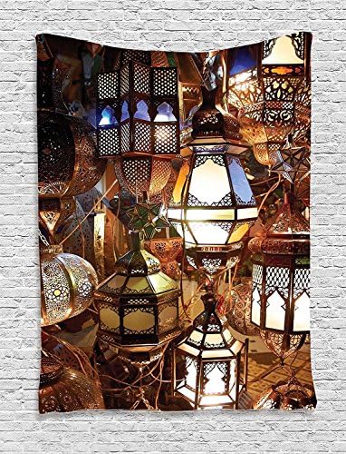 ufdinhaha Moroccan Tapestry Lantern Decor Tapestry, Arabic Lamps And Lanterns Souk Evening Culture Historical Traveling Destinations, Bedroom Living Room Dorm Decor, 40 W x 60 L Inches, Brown
