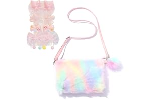 GWAWG Borsa a tracolla per bambini in peluche con arcobaleno, piccoli regali per ragazze e 8 pezzi fiocco rosa, borsa a tracolla per bambini, pratico regalo di compleanno per ragazze