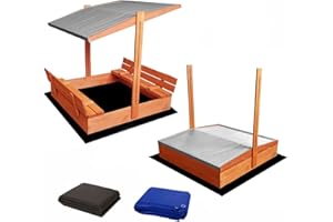 Ladanas® bac à Sable Enfant en Bois fermé de 120 x 120 cm avec bancs-bac a Sable avec Couvercle- Bois de pin imprégné -bac à Sable avec Toit surbaissé -1 bâche de Protection 1 bâche Isolante Gris