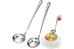 LUMINARYLAIR 2 Piezas Cucharón de Sopa de Acero Inoxidable, 30cm Cucharón de Sopa y Cuchara Ranurada de Metal, Cucharón de Sopa con Agujero, Aptos para lavavajillas, Utensilios de Cocina para Servir Sopas, Filtrar