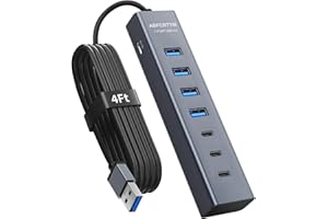 ABFCRTTW 4Ft 7-Port USB Hub 3.0 for Desktop, 4 USB-A & 3 USB-C Ports Aluminium 5Gbps USB Extender Hub, USB Splitter, USB Hub Long Cable for Desktop, PC, Flash Drive, Mobile HDD SSD, Windows/XPS