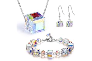 QKEPCY 3 Stück Crystal Schmuckset Frauen Cube österreichischen Kristall Halskette Baumeln Ohrringe Magische Farbwechsel Schmuck Set Hochzeit Party Geschenke Geschenk Hypoallergen Schmuck
