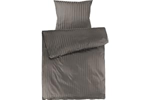 Pure Label Mako Satin Damast Streifen Bettwäsche Taupe 155x220 cm mit Kissenbezug 80x80 cm aus 100% Baumwolle | Traumhaft weiches Mako Satin Bettwäsche Set in Uni