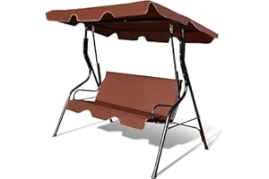 GIANTEX Columpio de Jardín de 3 Plazas con Toldo y Respaldo, Mecedora de Acero, para Jardines, Balcones, 172 x 110 x 154 cm, Color Marrón