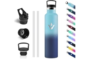 Vikastar Gourde Isotherme, 1 Litro Anti-Fuite, Bouteille Isotherme, sans BPA, Gourde Inox, Réutilisable, Gourde Isotherme 1L pour Fitness, École, Sport, Cyclisme, Bleu Ciel & Bleu Foncé