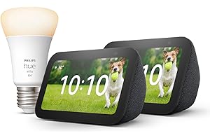 ECHO Y ALEXA Echo Show 5 (3.ª generación) | Antracita, pack de 2 + Philips Hue White Bombilla Inteligente (E27), compatible con Alexa - Kit de inicio de Hogar digital