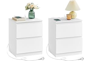 VASAGLE KAILYN Colección - Juego de 2, Mesita de Noche con Regleta de Enchufes, Mesa Auxiliar, 2 Cajones, 2 Tomas AC, 2 Puertos USB-A, Salón, Dormitorio, Blanco Nube LET821W02