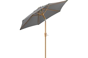 CHRISTOW 2m Tilting Garden Parasol with Crank Handle, 38mm Steel Pole, Wood Effect Finish, Outdoor Sunshade Umbrella, Heavy Duty Polyester, UV30+ Sun Protection, Water Resistant, Air Vent (Grey)