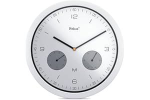 MEBUS Moderne Funk-Wanduhr mit Temperaturanzeige und Hygrometer, Durchmesser 26cm / Modell: 52826 / Farbe: Weiß