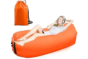 FainFun Sofa Gonflable Plage, 200 * 70cm Canapé Plage Gonflable, Transat Gonflable Vent, Hamac Gonflable Exterieur, pour Le Camping, la Mer, la Plage, Le Salon d'air (Polyester, Orange)