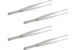 AOJE LINK-ELECTRIC Aoje-Link Stainless Steel Straight Blunt Tweezers, with Precision Horizontal Serrated Tips, Used for Repairs, Barbecues, Auxiliary Tools, Silver, 4pcs