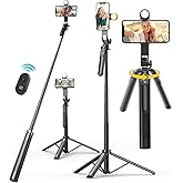 KINGONE Long Selfie Stick with Tripod Stand Aluminum 71inch/180cm, 360° Degree Rotation Selfie Stick Tripod for Phone, Rechar