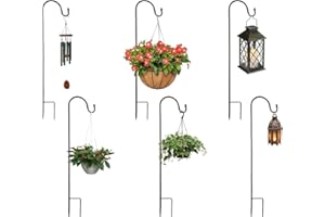 YAYODS 6 Pack Shepherds Crook Hooks, 30 inch Adjustable Height Shepherds with Base, Metal Garden Festoon Light Pole, Garden Border Hooks For Lanterns Lights, Plant Baskets, 4 Section Stitching (Black)