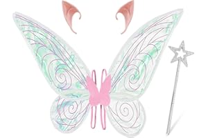 AURASKY Ailes de Fée pour Adultes et Enfants, Ailes de Elfe avec Baguette Étoile et Oreille Elfe, Fairy Wings, Ailes de Papillon, Costume Fée pour Halloween Carnaval Fête Anniversaire Cosplay