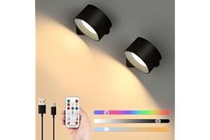 Lightsjoy 2 Pezzi Dimmerabile Lampada a Parete Magnetica Interno LED Applique da Parete con Batterie Controllo Remoto e Controllo Tattile a 360 ° Rotante RGB Wireless a 3 Colori Temperatura (Nero 2PC)