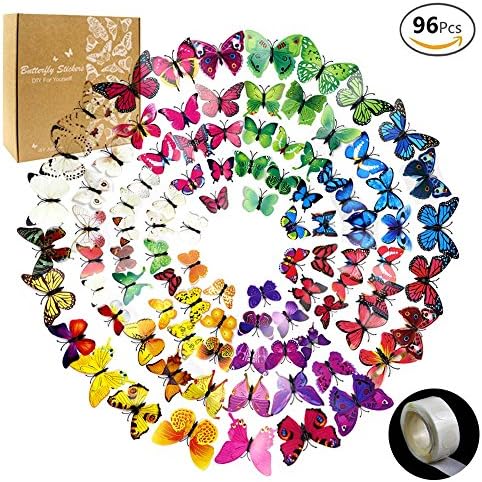 JUSLIN 96 Pcs 3D Butterfly Removable Mural Stickers Wall Stickers Decal for Home &amp; Room Decoration, 8 Colors, with 1 Sheet of Dot Glue Stickers Per Pack