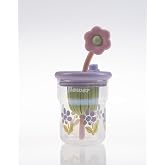 &Ccedil;i&ccedil;ek Desenli Cam İ&ccedil;ecek Bardağı, Pipetli, Kapaklı, Aroma B&ouml;lmeli, Eğlenceli ve Dekoratif Tasarım, 450 ml