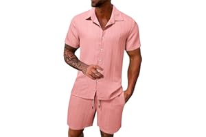 DFEK Mens Cotton Linen Shirt and Shorts Sets UK Tracksuit Set Summer Co Ord Set Short Sleeve Button Down Shirts & Shorts with Pockets 2 Piece Outfits Vacation Beach Suits