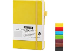 AEYAKA Carnet de Notes A5 Pointillé Bullet Journal Dotted A5 Couverture Rigide et Fermeture élastique Porte-stylo Étui en Cuir PU Papier épais 80 g/m², 15 x 21 cm (Pointé, Jaune)