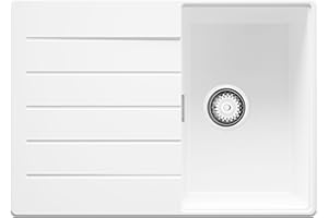 PRIMAGRAN Evier Cuisine en Granit Blanc 70x50cm, Lavabo 1 bac + Kit de Vidage, Évier à Encastrer al mueble 40cm - Copenhague S318