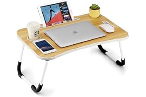 BAKAJI Tavolino da Letto, Vassoio per Colazione Divano, Tavolo Porta Tablet, Notebook, PC, Struttura in Metallo Pieghevole, Leggio Piano in Legno Venato 60 x 40 x 28 cm (Beige)