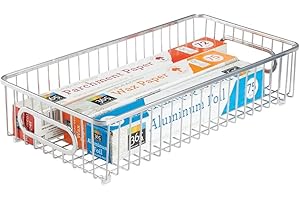 mDesign Cesto de alambre de metal – Versátil cesta de metal para cocina, despensa y otras habitaciones – Organizadores de cocina alargados y universales con asas – plateado