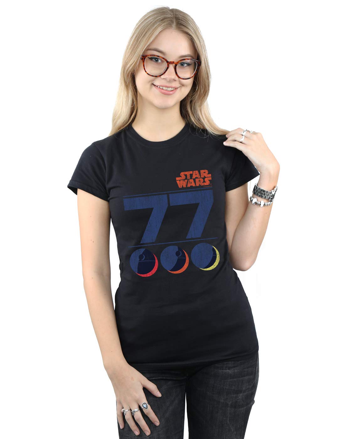 Star-Wars-Damen-Retro-77-Death-Star-T-Shirt-Schwarz-X-Large