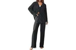Geagodelia Set da donna plissettato da due pezzi, elegante, a maniche lunghe, con risvolto e gamba larga, estivo, autunno, casual, abbigliamento streetwear