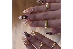 GlamRays 24 pezzi Press On Unghie Medio Almond Marrone - Autunno Fiore 3D Oro Texture Design Acrilico Stiletto Adesivo su unghie finte