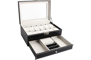 Todeco - Caja de Relojes de Joyería, Caja de Exhibición para Joyero de Relojes - Tamaño: 30 x 20 x 14 cm - Material de la caja: MDF - 12 relojes, cajones de joyas y pantalla, Gris