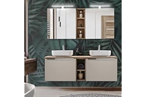 Lomadox Badmöbelset in Taupe mit Vintage Eiche, Doppel-Waschtisch mit 2 Keramik-Waschbecken, Regale, LED-Spiegelschränke