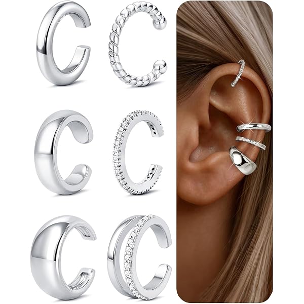 YADOCA 4 Pezzi Orecchini A Clip In Argento 925 – Ear Cuff Regolabili Senza Foro Per Donna E Uomo, Falso Piercing - 4