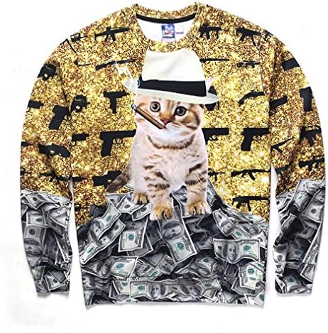 Fsanly Men/Women 3D Sweatshirts Funny Print Smoking Cat and Gun Dollars Thin Style Autumn Winter Casual Hoodies W1673009 S