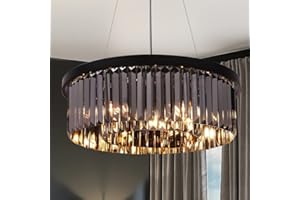 ‎WELLMET Wellmet Kristall Kronleuchter Modern Kristallleuchter luxus Pendelleuchter Esstisch Hängeleuchte Schwarz 6-Licht Ø55cm Lüster Wohnzimmer Glas Deckenleuchte Rund Crystal Schlafzimmerlampe Rauchgrau