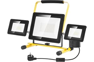 Viugreum Projecteur Led Chantier 100w 8000LM Luminaire Exterieur à Trois Têtes Avec Prise Câble de 3M Étanchéité IP65 Blanc Froid 6500K Portable Lampe Chantier pour Atelier Garage Construction