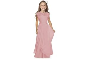 AIBAOWEDDING Boho Lange Kinder Spitzenkleid Chiffon Kleid mit Gürtel und Kurzen Butterfly-Ärmeln/Chic A-Linie Kommunionkleider Brautjungfern Kleider Blumenmädchenkleider für Mädchen 2-12 Jahr