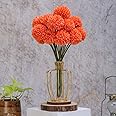 SATYAM KRAFT 5 Pcs Artificial Chrysanthemum Ball Hydrangea Flower Stick for Christmas,Home,Balcony, Valentine,Decoration and Craft(Without Vase Pot) - (Pack of 5) (Orange)(Fabric)