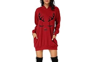ARESTORY Women's Christmas Hoodies Ladies Causal Dress Long Sleeve Swing Jumper Teen Girls Xmas Hooded Sweatshirts Tunic Tops with Pocket Womens Reindeer Santa Costume Pullover Oversized Skirt Fancy Dress